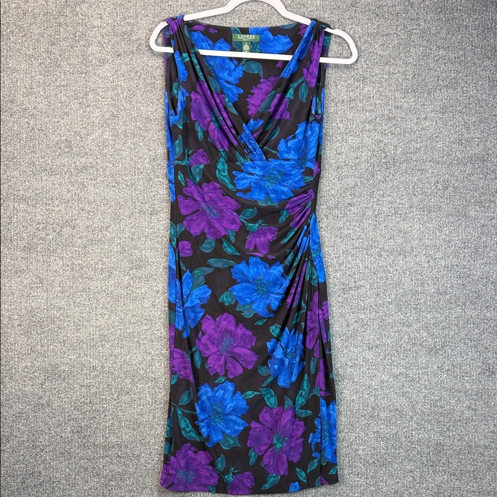 Lauren Ralph Sleeveless Black Midi Dress with Blue & Purple Floral Print Size 6